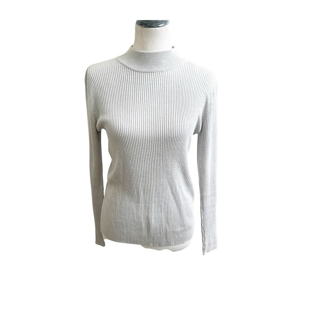 Joseph A Vintage Silk Sweater Ribbed Metallic Mock Neck Size Large Silver Classy